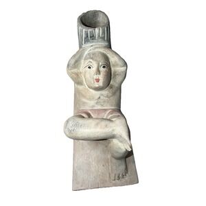 Vintage Carved Wood Figurine Asian Man Good Luck Candle Flower Holder Tabletop